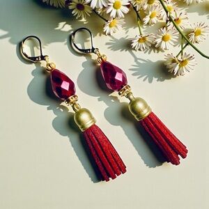 Maroon & Gold-Tone Tassel Earrings